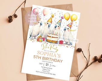 Invitación de cumpleaños de cacatúa: Fiesta de aves tropicales (Descarga digital)
