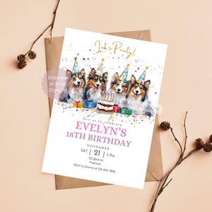 Shetland Sheepdog Hund Geburtstagseinladung Vorlage - Feier Karte - Printable & Mobile Party Einladung - Bearbeitbar in Canva
