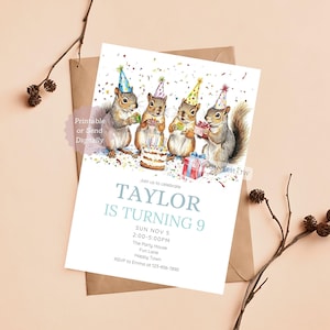 May include: A printable birthday party invitation featuring four squirrels wearing party hats and holding gifts and cake. The invitation says "Join us to celebrate Taylor is turning 9. Sun Nov 5 2:00-5:00PM The Party House Fun Lane Happy Town RSVP to Emma at 123-456-7890"