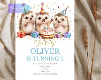 Woodland Hedgehog Party Invitation Cute Forest Animal Birthday Card Adorable Hedgehog Themed Kids Birthday Invite Printable Editable