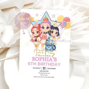 May include: A birthday party invitation featuring three cartoon girls, a blue cat, and balloons. The invitation reads "Let's Party" and announces "Sophia's 6th Birthday" on December 21st. The text "Easy to Edit" is also visible.