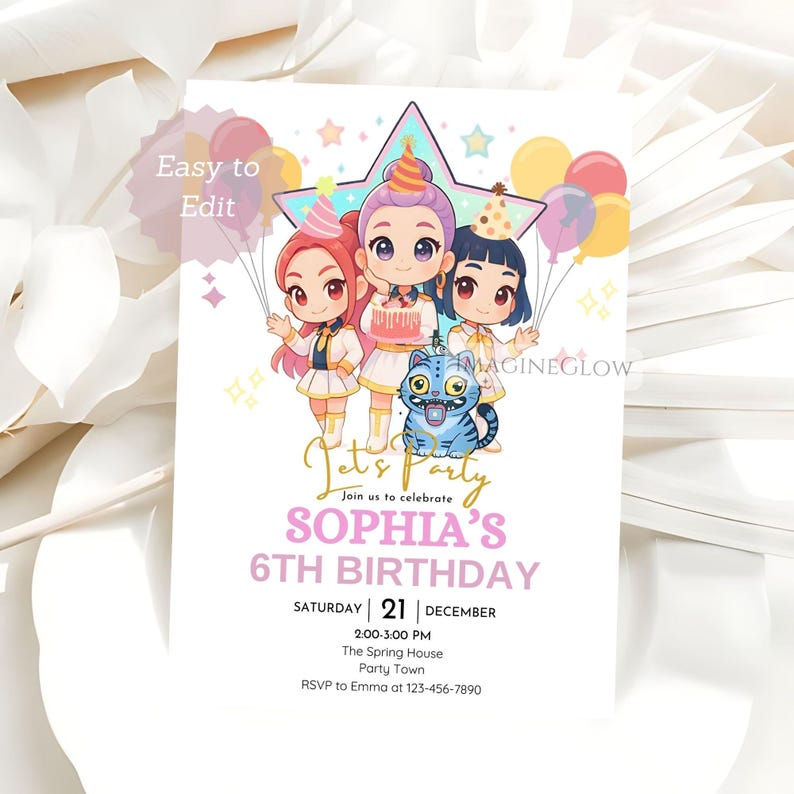 May include: A birthday party invitation featuring three cartoon girls, a blue cat, and balloons. The invitation reads "Let's Party" and announces "Sophia's 6th Birthday" on December 21st. The text "Easy to Edit" is also visible.