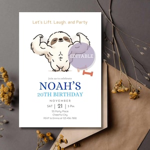 Sloth Birthday Invitation Template - Printable Fitness Party Invitation - Mobile Invitation - Digital Download - Editable in Canva