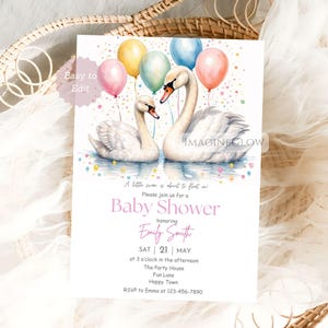 Invito per baby shower a forma di cigno, elegante invito per baby shower, bambina, bambino, modificabile, bellissimo invito a forma di cigno, invito per baby shower