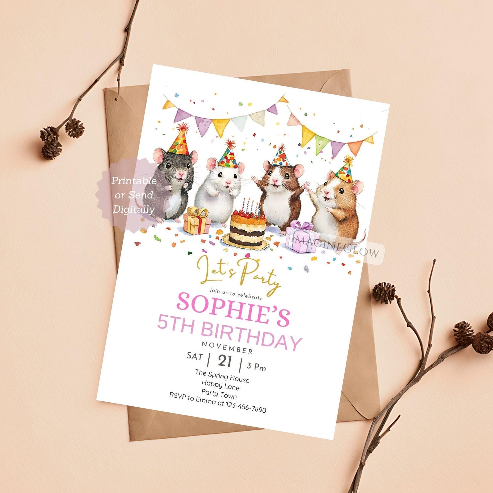 Hamster Birthday Invitation Four Hamsters Party Invite Cute Pet ...