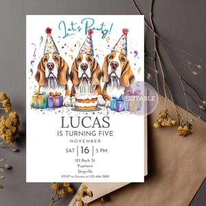 Basset Hound Dog Geburtstagseinladung bearbeitbare Party Karte Druckbare Hunde-Themen laden benutzerdefinierte Basset Hound-Feier-Vorlage ein