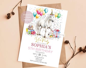 Invitación de cumpleaños de caballo blanco: Invitación para fiesta ecuestre (Descarga digital)