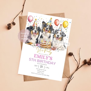 May include: A birthday party invitation featuring three Australian Shepherd dogs wearing party hats and holding a birthday cake. The invitation says "Let's Party" and "Emily's 5th Birthday".