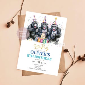 May include: Printable birthday party invitation with a blue and gold design. Three gorillas wearing party hats are holding a birthday cake and presents. The text on the invitation reads "Let's Party, Join us to celebrate Oliver's 8th Birthday, November 21, 3 PM, The Spring House, Happy Lane, Party Town, RSVP to Emma at 123-456-7890".