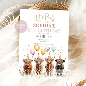 Highland Cow Birthday Invitation Farm Party Invite Animal Celebration Cute Cattle Farmyard Party Invitation Barnyard Kid Birthday Invite