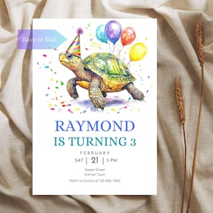 May include: A birthday invitation featuring a cartoon turtle wearing a party hat and holding balloons. The text reads "Raymond is turning 3" with the date and time of the party below.