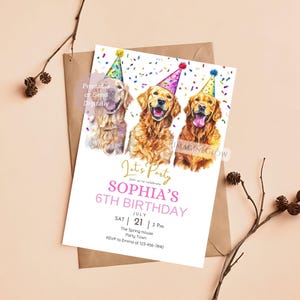 Invitación de cumpleaños para perro retriever, invitación para fiesta de tres cachorros de labrador, invitación imprimible, invitación móvil para mascotas, tarjeta de cumpleaños para perro imprimible
