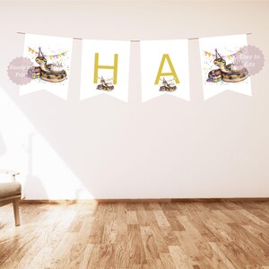 May include: A white banner with the word "HA" in gold letters, and two banners with a snake wearing a party hat and a cake. The banner is decorated with confetti and the text "Ready to Print" and "Easy to Edit".