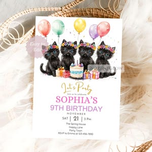 Black Cats Birthday Invitation Floral Kitten Party Invite Customizable Cat Lover Gift Pet Invitation Printable Cat Invite Kitten Party Evite