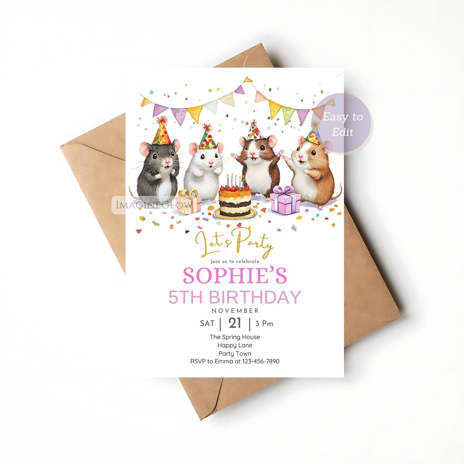 Hamster Birthday Invitation Four Hamsters Party Invite Cute Pet ...
