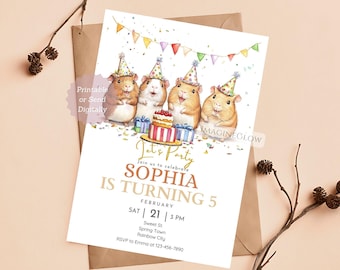 May include: A birthday party invitation featuring four cartoon guinea pigs wearing party hats and holding gifts. The invitation says "Let's Party" and "Sophia is turning 5". The party is on February 21st at 3 PM.