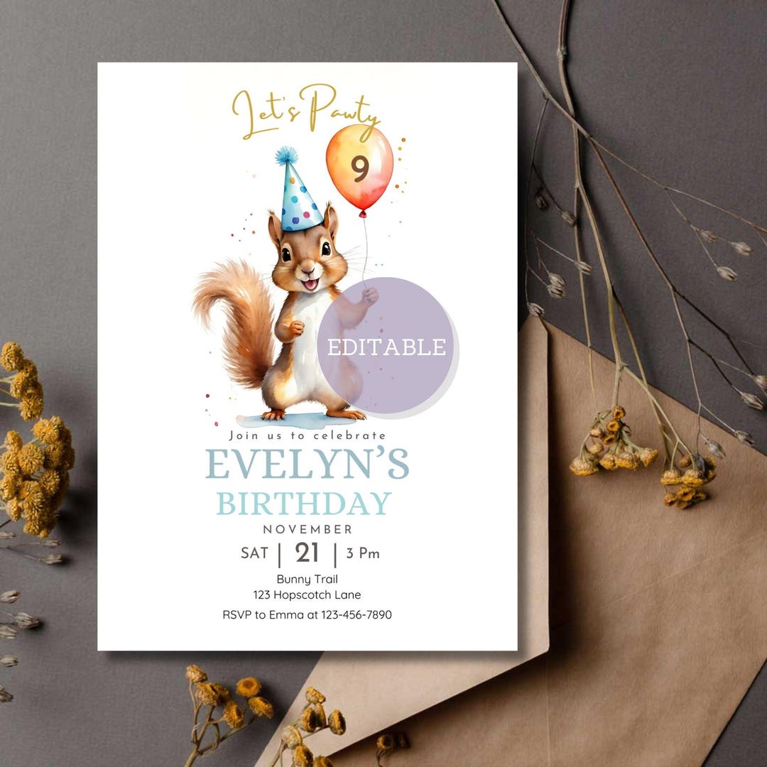 Squirrel Birthday Invitation Template: Editable Party Invite (digital ...
