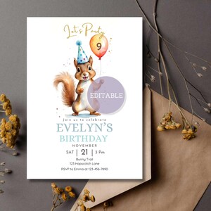 May include: A birthday party invitation featuring a cartoon squirrel wearing a party hat and holding a balloon with the number 9. The invitation says "Let's Party" and "Evelyn's Birthday".
