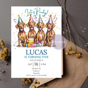 Vizsla Hund Geburtstagseinladung bearbeitbare Party Karte Druckbare Hunde-Themed laden benutzerdefinierte Vizsla-Feier-Vorlage ein