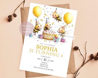 Bee Birthday Invite Kid Party Invitation Cute Bee Party Card Editable Birthday Card Mobile Birthday Invitation Girl Boy Kid Garden Birthday