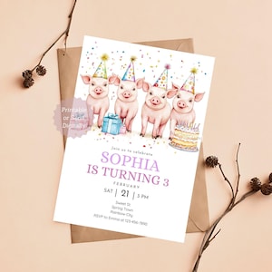Invitation de fête d'anniversaire de porcelet, invitation de fête de porcelet, carte d'anniversaire modifiable, invitation d'anniversaire de cochon mobile, conception de gâteau d'anniversaire, invitation de bébé