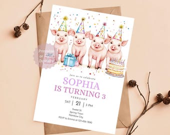 May include: Printable birthday party invitation featuring four pink piglets wearing party hats and holding gifts. The invitation says "Sophia is turning 3" and includes the date, time, and RSVP information.