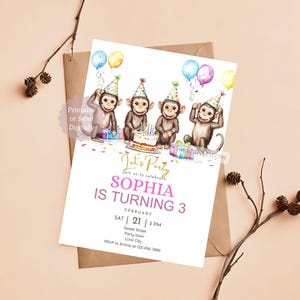 Invitation d'anniversaire de singe, invitation amusante à une fête dans la jungle, thème de l'aventure sauvage, fête d'enfants, fête d'anniversaire modifiable avec animaux de safari, célébration