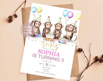 Op de afbeelding: Een verjaardagsuitnodiging met vier apen die feestmutsen dragen en cadeautjes vasthouden. De uitnodiging zegt "It's Party" en "Sophia is turning 3". De datum en tijd van het feest zijn vermeld als "February 21 | 3 PM".