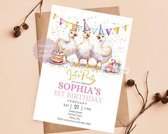 Goose 1st Birthday Invitation: Farm Animal Party (Digital Download)