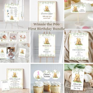 Winnie de Pooh Eerste Verjaardag Bundel Babyverjaardagsuitnodiging Genderneutraal Beer Honey Kid Verjaardagsfeestje Pack Verjaardag Bingo Kleurplaat
