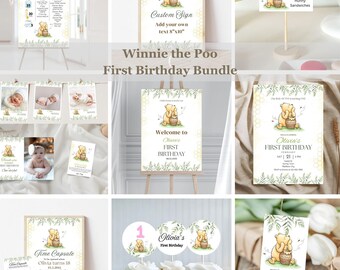 Winnie the Pooh First Birthday Party Bundle (Canva Template)