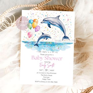 Dolphin Baby Shower Invitation Ocean Theme Party Invite with Balloons Cute Dolphin Nautical Baby Shower Under the Sea Invite Baby Girl Evite