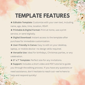 May include: A digital template features a soft, floral design with the text "TEMPLATE FEATURES." The template is editable, printable, and available for digital download. It is user-friendly in Canva and suitable for various celebrations. The template size is 5" x 7".