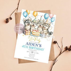 Wolf Birthday Invitation Baby Wolves Party Invite Wolf Cub Birthday Party Invitation Kid Invitation Birthday Cake Invite Outdoor Celebration