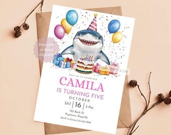 May include: A birthday invitation featuring a cartoon shark wearing a party hat and holding a cake. The invitation is for Camila's 5th birthday party on October 16th at 3pm. The address is 123 Bark St., Puptown, Dogville. RSVP to Emma at 123-456-7890.