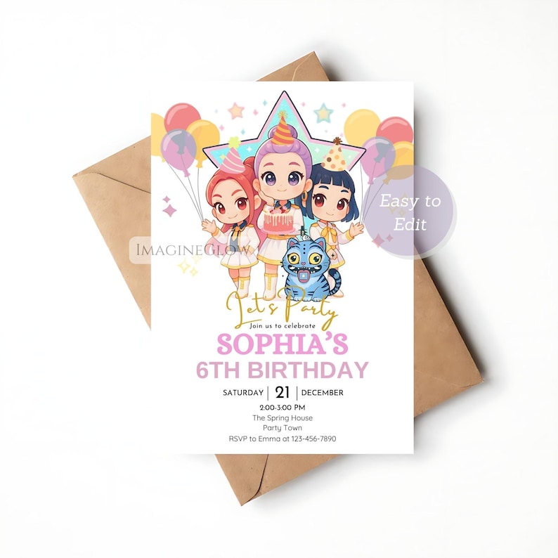 May include: A birthday party invitation featuring three cartoon girls, balloons, and a blue cat. The invitation reads "Let's Party" and "Sophia's 6th Birthday." The date and time are also included. The invitation is on a white background.