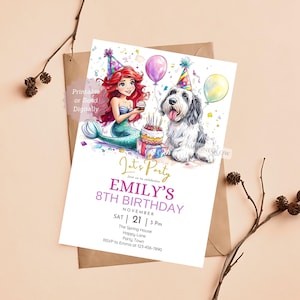 Little Mermaid Ariel Birthday Invitation Princess Invite Under the Sea Party Cake & Balloons Ocean Party Invite Pink Girl Birthday Invite