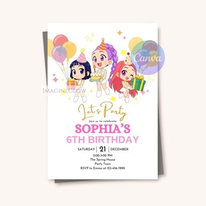 May include: A white invitation card with the text "Let's Party" and "Sophia's 6th Birthday." The card features cartoon illustrations of three girls holding gifts, a cake, and balloons. The date and time of the party are also included.