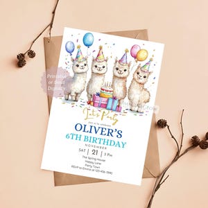 Faire-part d'anniversaire en alpaga, invitation de fête de lama mignon, anniversaire à thème animal, fête d'enfants, carte d'anniversaire modifiable, conception de gâteau d'anniversaire, invitation de bébé