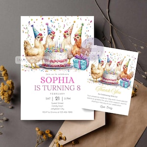 Chicken Birthday Invitation & Thank You Card Set (Digital Download)