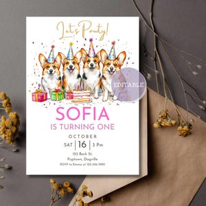 Pembroke Welsh Corgi Dog Birthday Invitation Template - Printable & Mobile Invitation - Digital Download - Editable in Canva