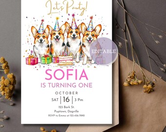 Corgi Dog Birthday Invitation Template: Editable Party Invite (Digital Download)