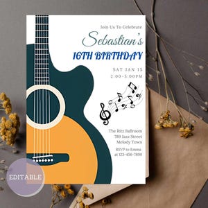 Sjabloon uitnodiging verjaardagsfeestje gitaar - bewerkbare muziekinstrumenten uitnodigen - afdrukbare muziekthemakaart - Canva ontwerp
