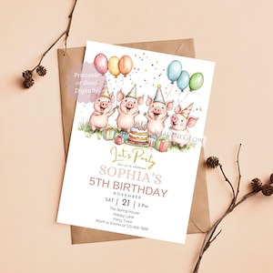 Convite de aniversário de leitão Convite para festa de porco Cartão de aniversário editável Convite de aniversário de porco rosa Bolo de aniversário Evite Barnyard Piglet