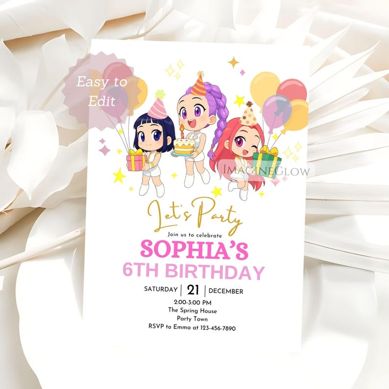 May include: A white birthday invitation featuring cartoon characters with gifts, cake, and balloons. The invitation text reads "Let's Party" and announces Sophia's 6th birthday on 21st December.
