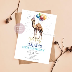 Invito di compleanno a tema cammello per bambini Invito alla festa del safari nel deserto Biglietto di compleanno a tema cammello stampabile Festa araba unica