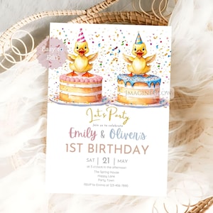Faire-part d'anniversaire caneton jumeaux, garçon et fille, fête d'anniversaire commune, inviter une carte de fête canard, carte d'anniversaire modifiable, 1er anniversaire de canard Evite