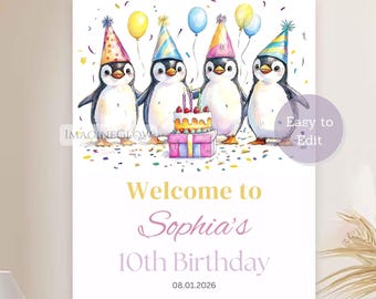 Penguin Birthday Welcome Sign Winter Wonderland Snow Party Poster Editable Party Decoration