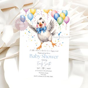 Chick babyshower uitnodiging boerderij dieren feestuitnodiging baby kuiken kaart schattige kleine chick jongens uitnodiging voor feest bewerkbare afdrukbare uitnodiging