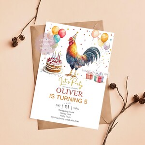 May include: A birthday party invitation featuring a colorful rooster illustration, balloons, a cake, and gift boxes. The invitation reads "Let's Party, Oliver is turning 5" with date, time, and RSVP information. The design is a watercolor style on a white background.